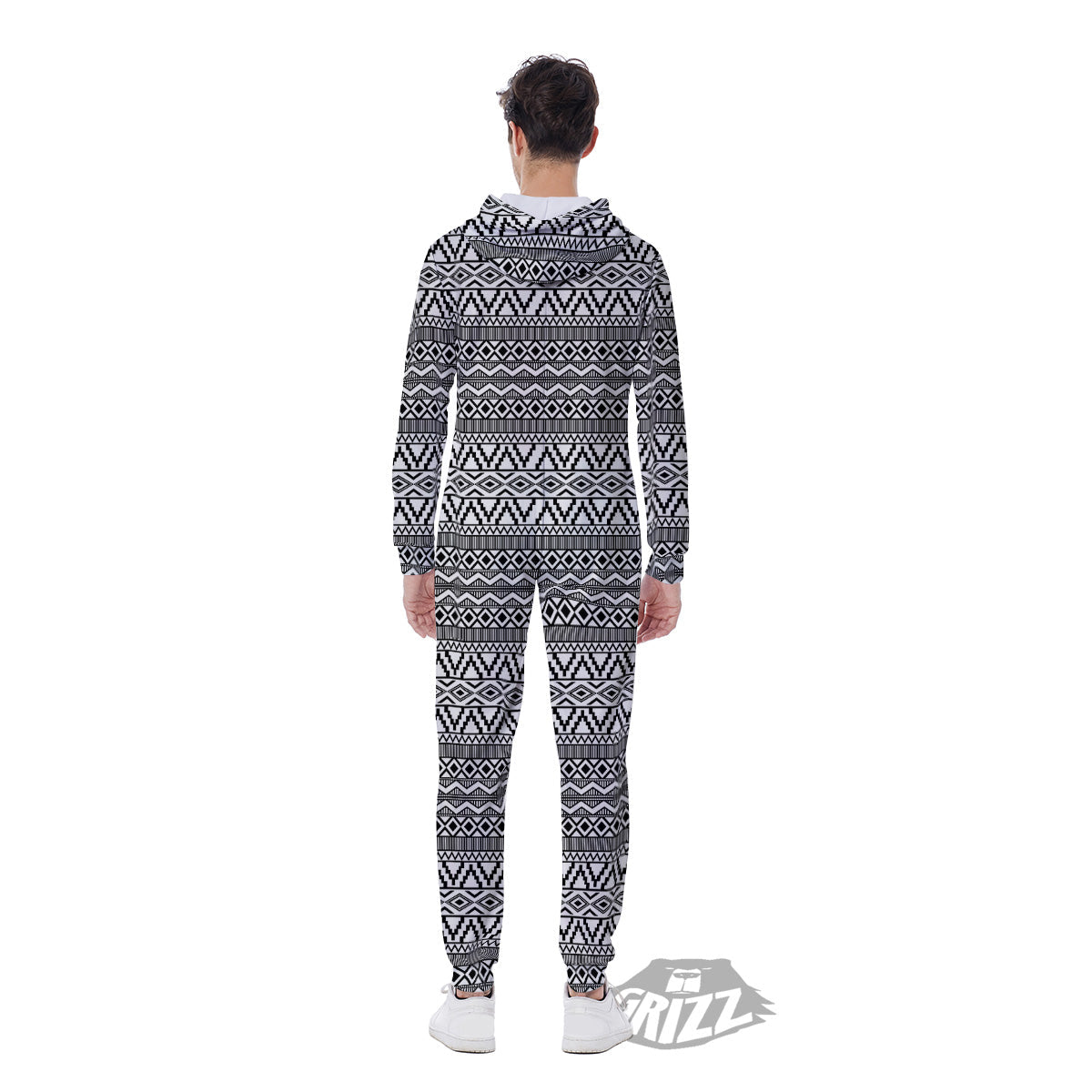 African Ethnic White And Black Print Men's Jumpsuit-grizzshop
