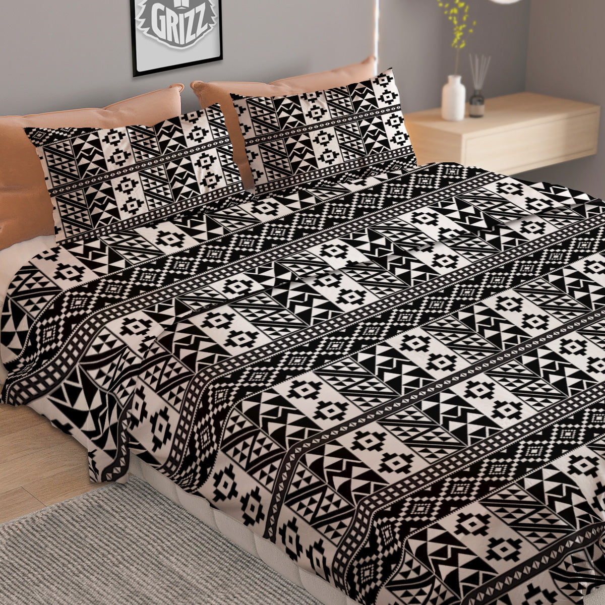 African Inspired White And Black Print Duvet Cover Bedding Set