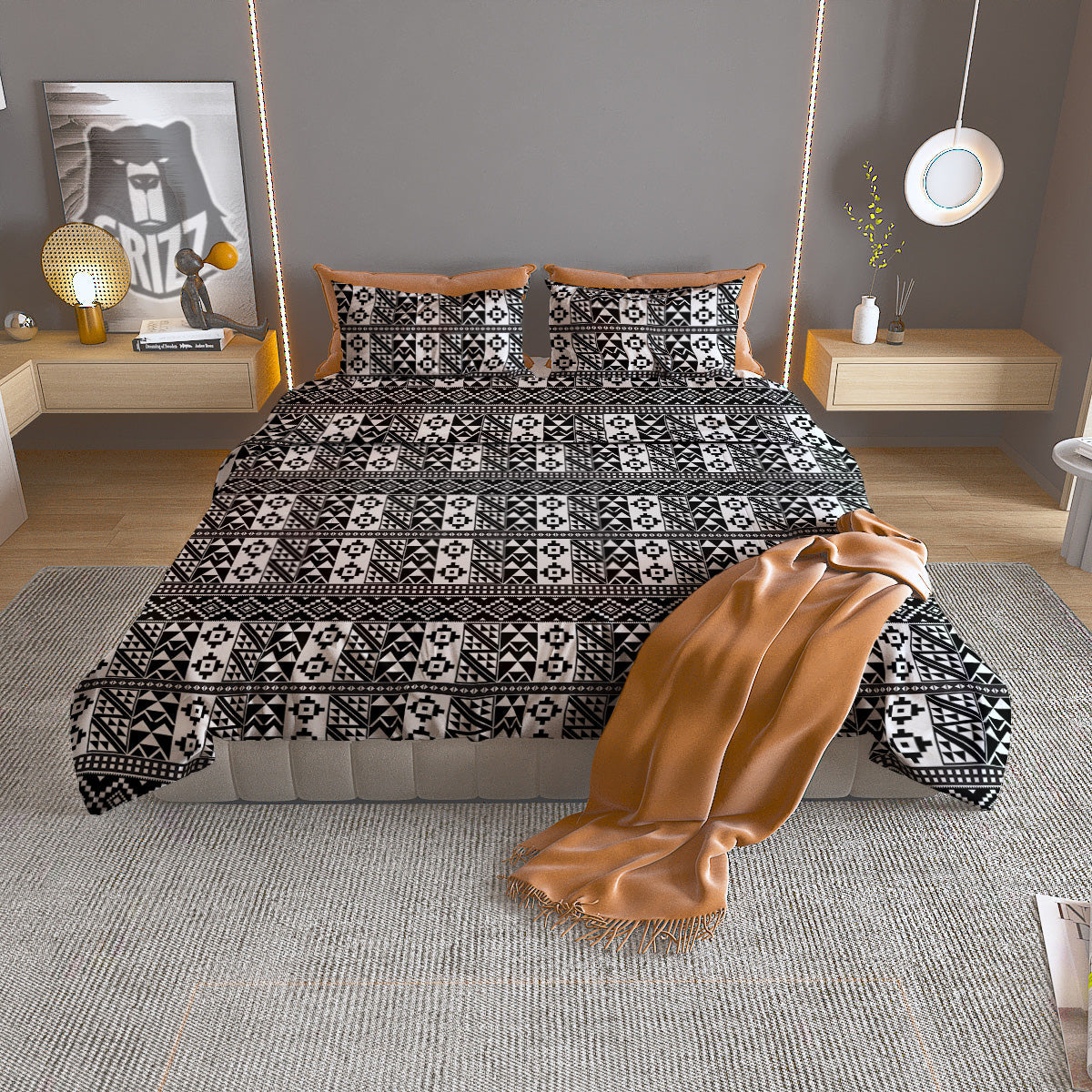 African Inspired White And Black Print Duvet Cover Bedding Set