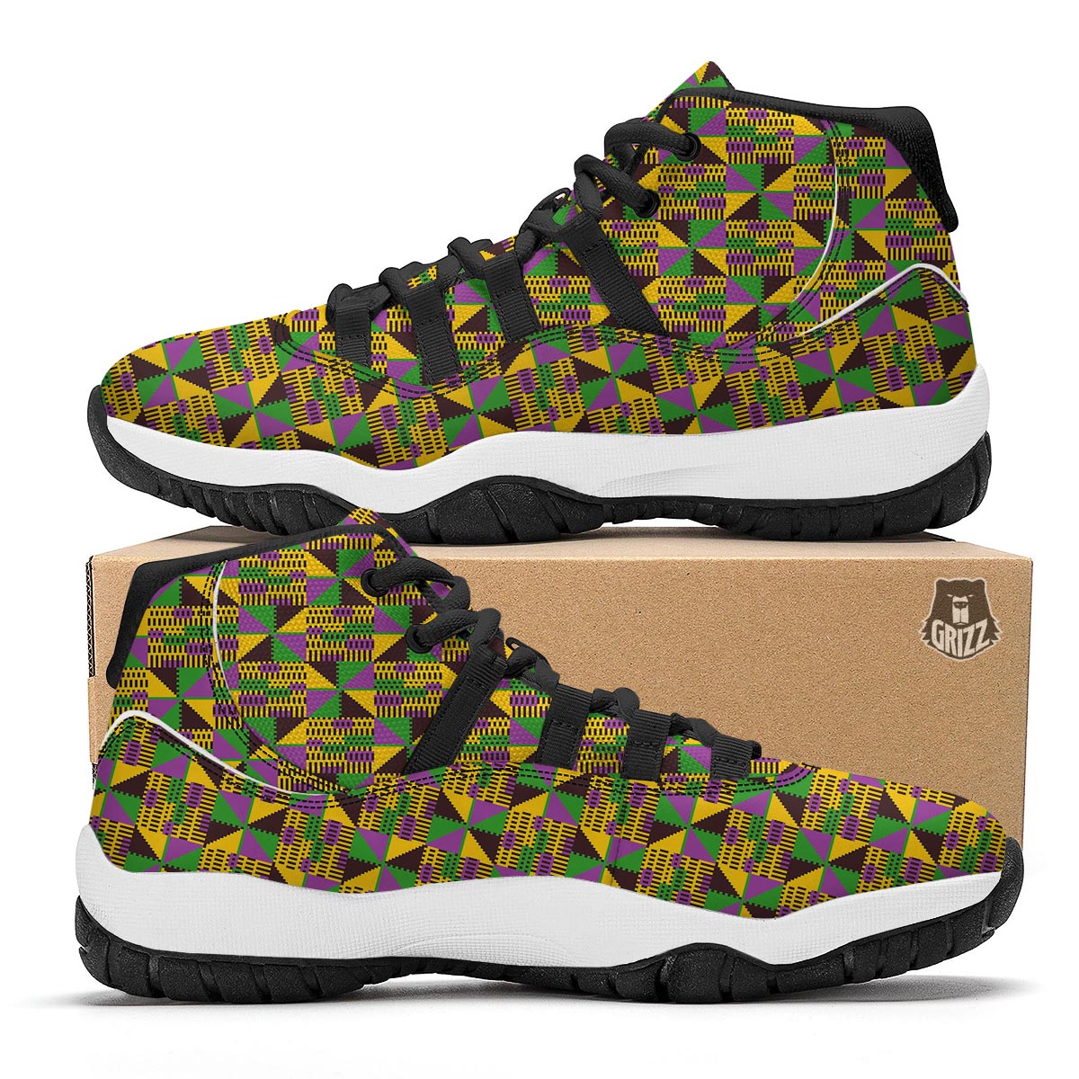 African Kente Pattern Print Green Yellow Black Bball Shoes-grizzshop