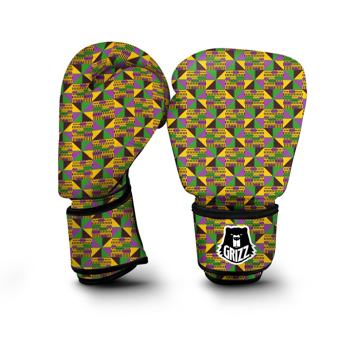 African Kente Pattern Print Green Yellow Boxing Gloves-grizzshop