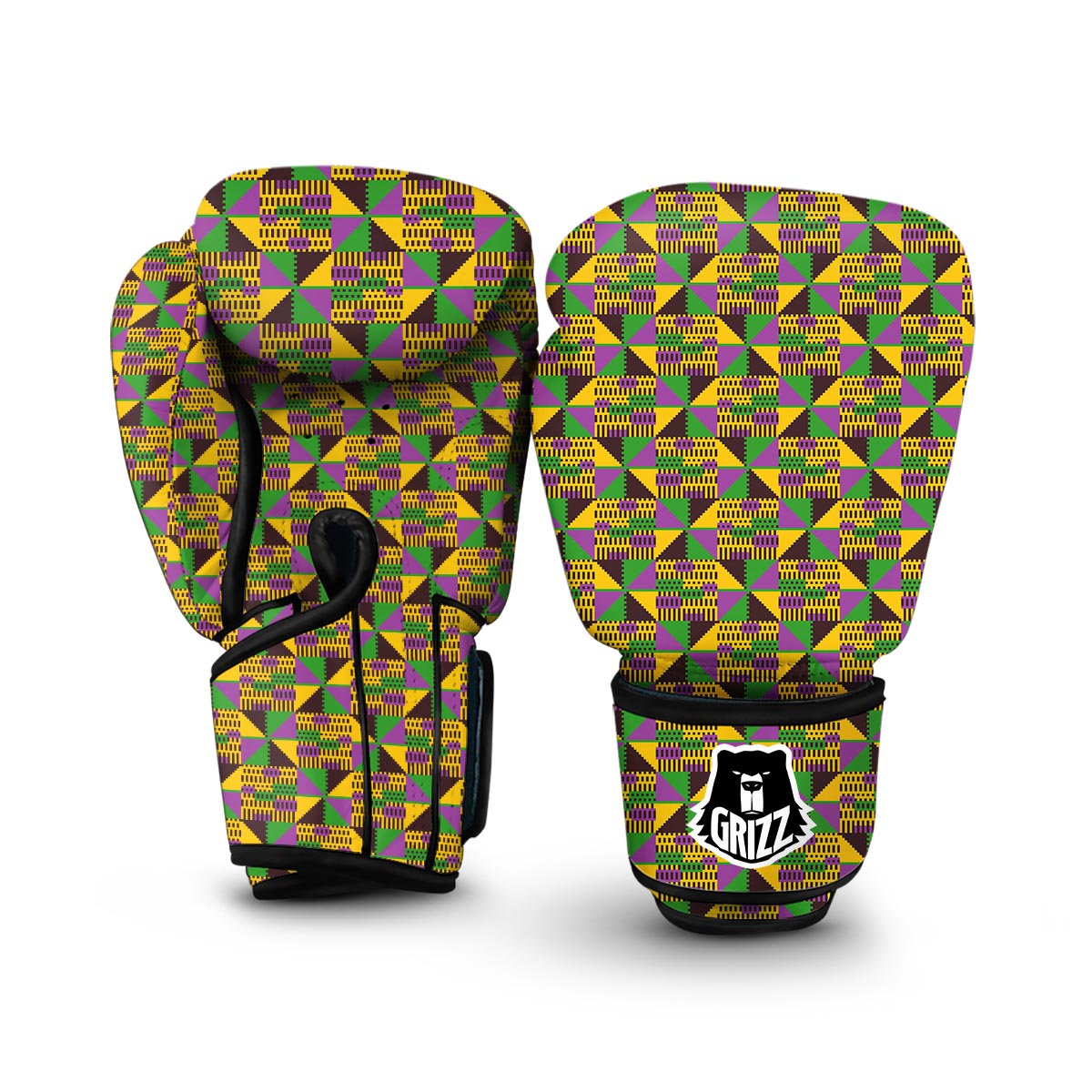 African Kente Pattern Print Green Yellow Boxing Gloves-grizzshop