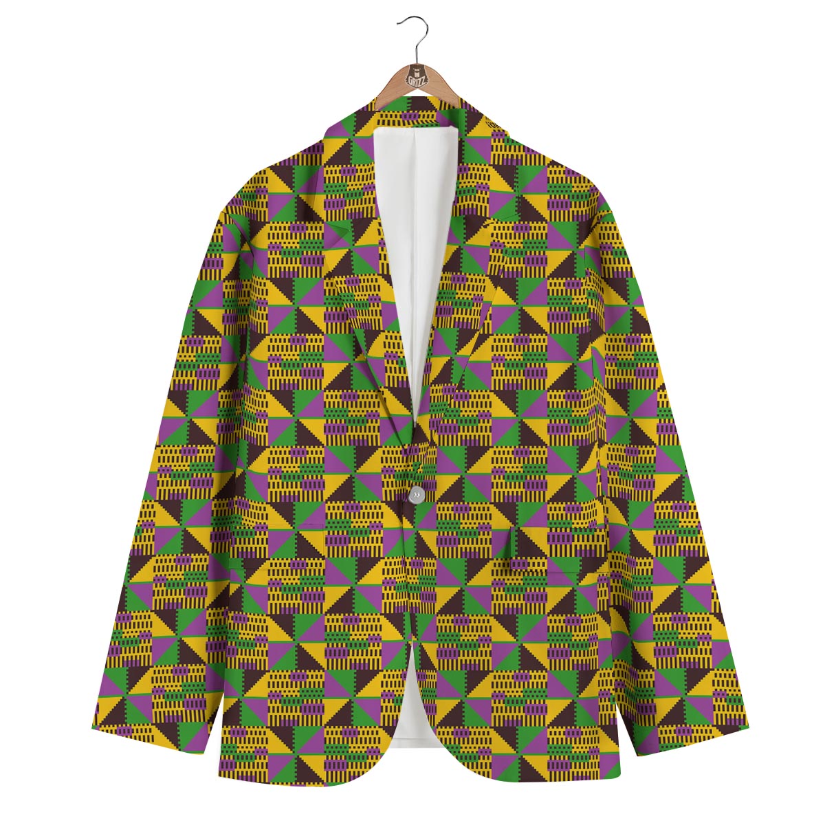 African Kente Pattern Print Green Yellow Men's Blazer-grizzshop