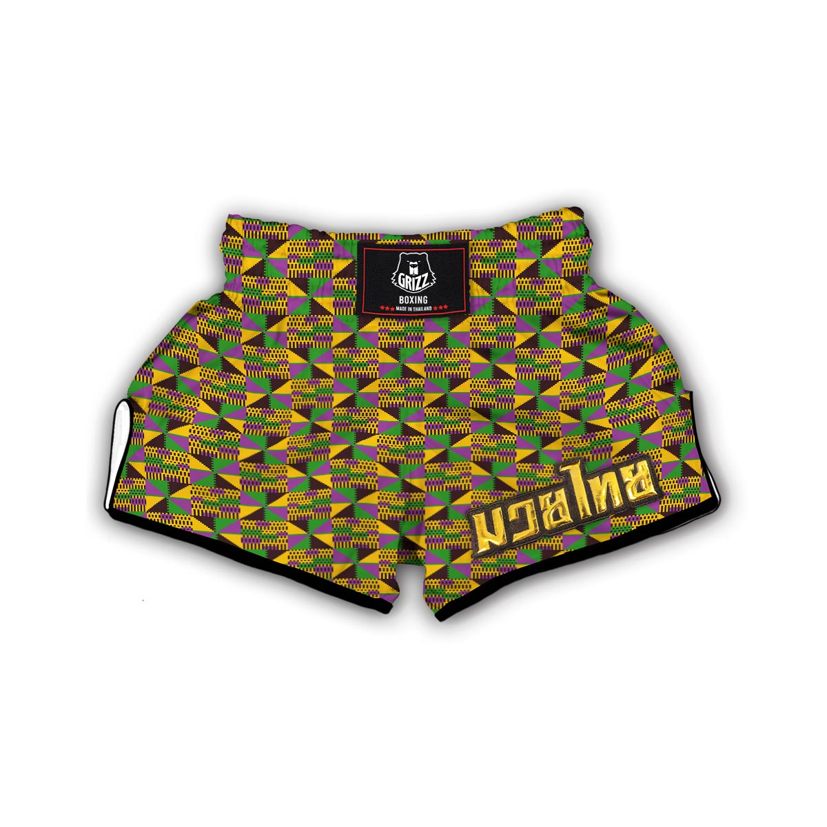 African Kente Pattern Print Green Yellow Muay Thai Boxing Shorts-grizzshop