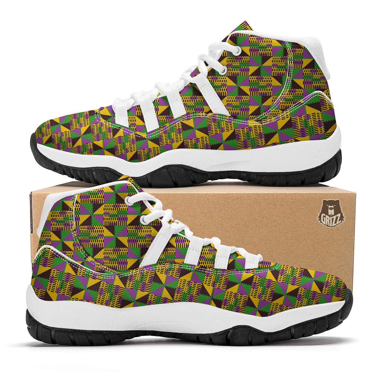 African Kente Pattern Print Green Yellow White Bball Shoes-grizzshop