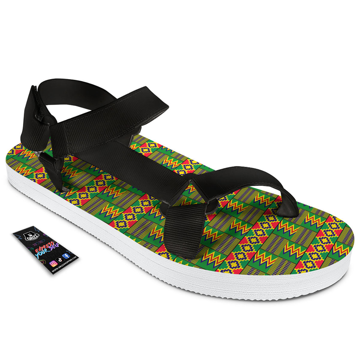 African Kente Print Pattern Black Open Toe Sandals-grizzshop