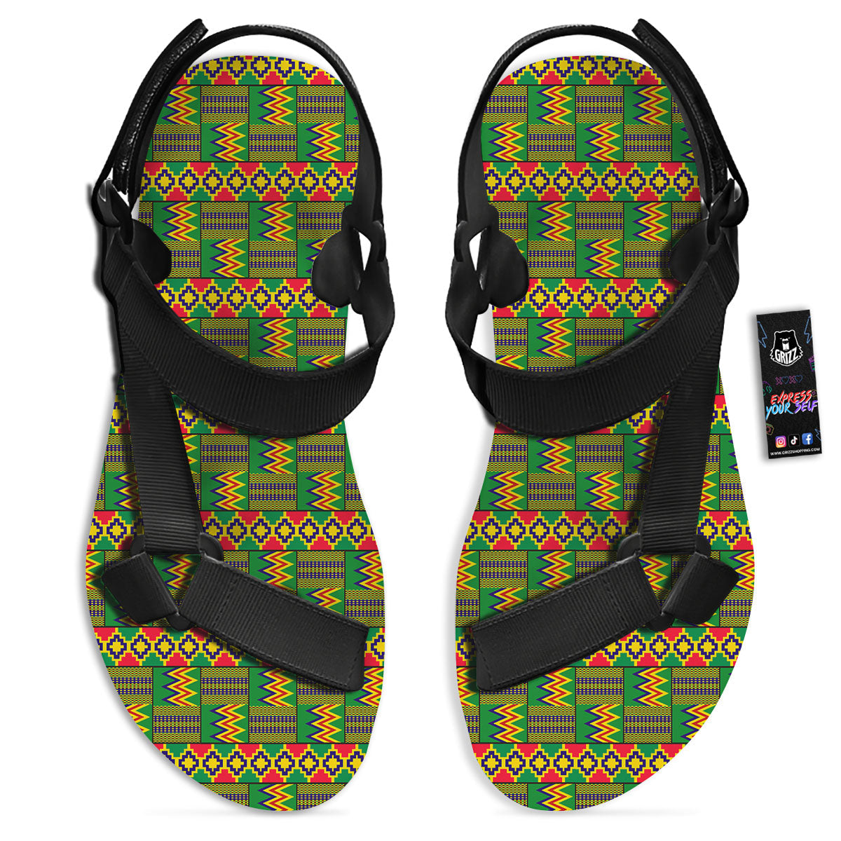 African Kente Print Pattern Black Open Toe Sandals-grizzshop