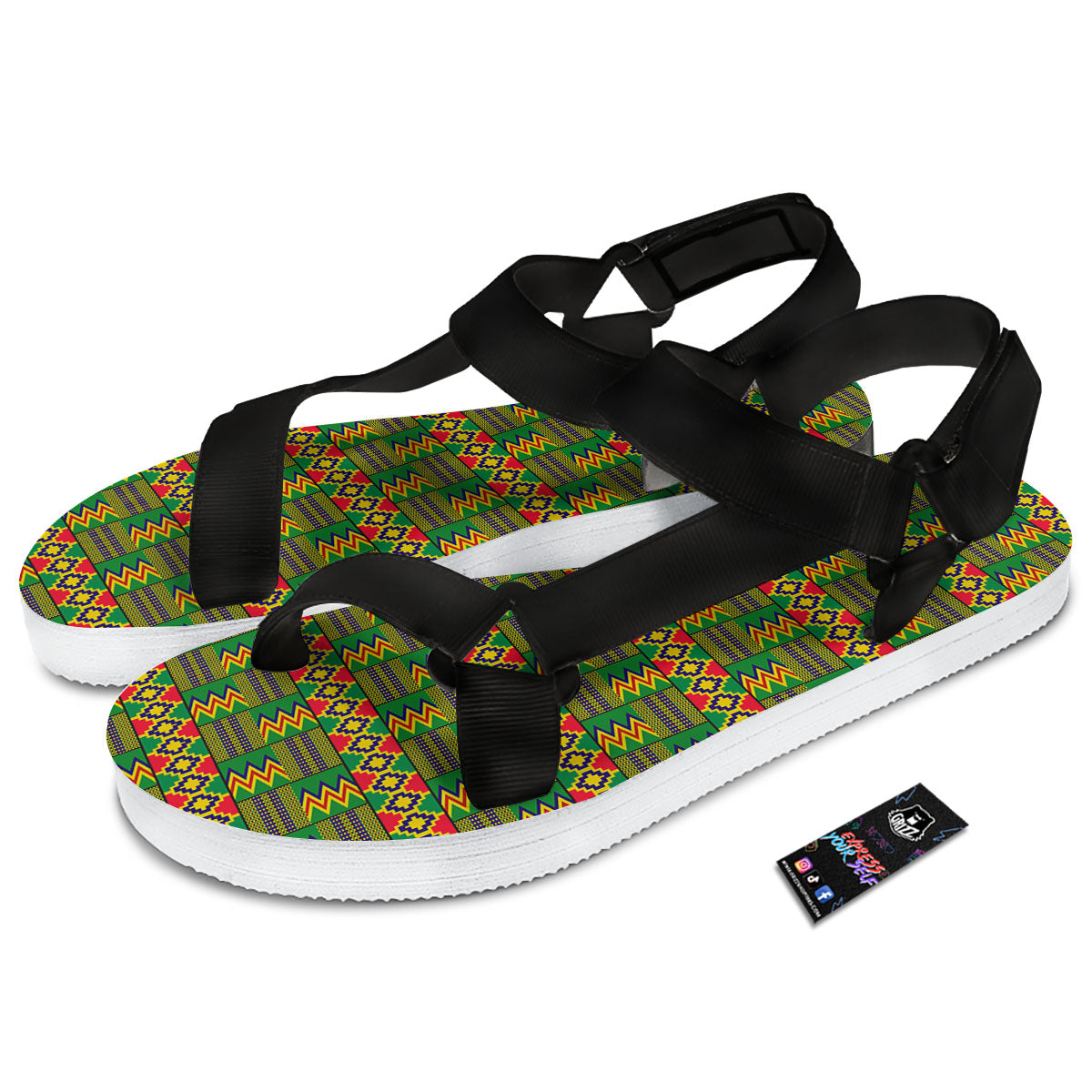 African Kente Print Pattern Black Open Toe Sandals-grizzshop