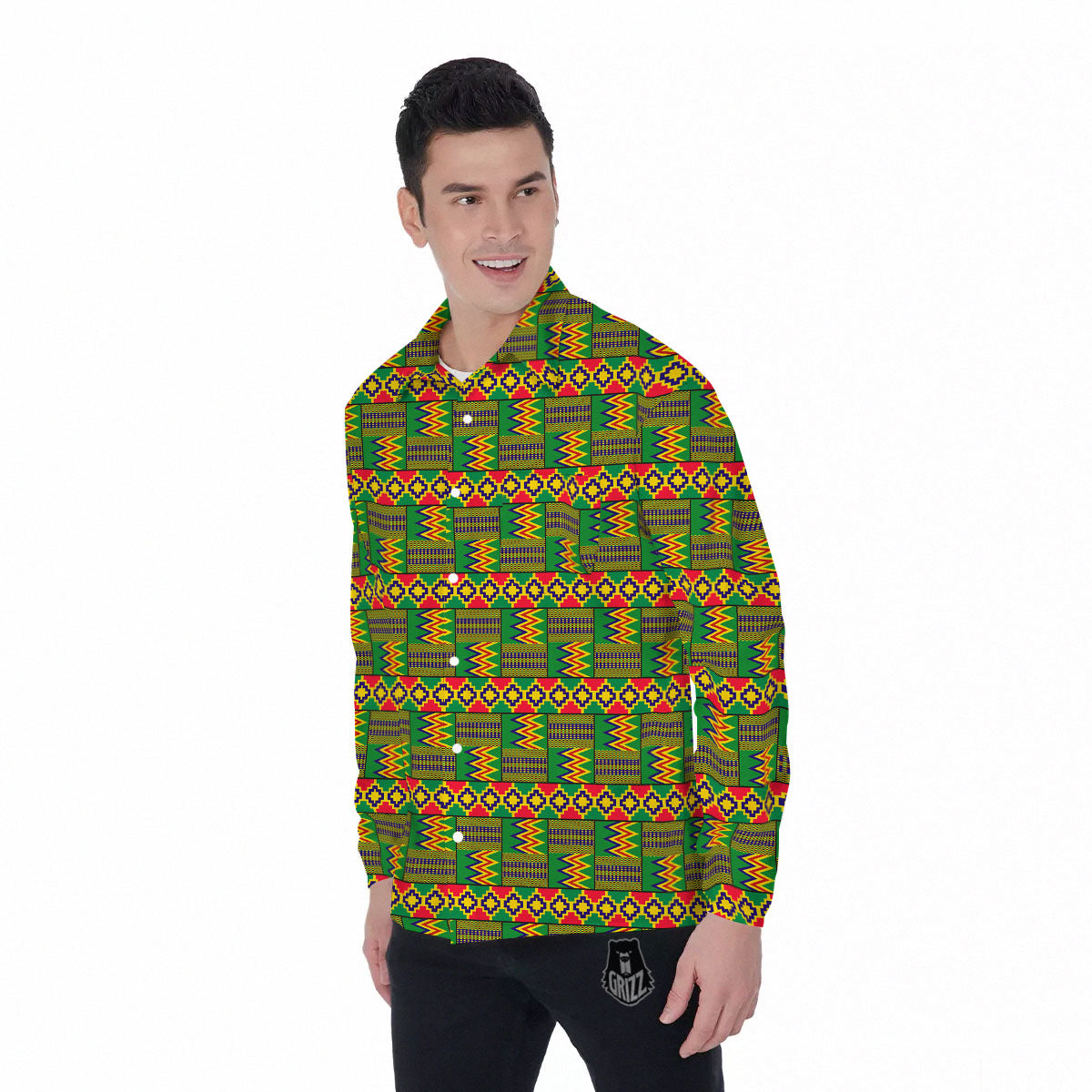 African Kente Print Pattern Men's Long Sleeve Shirts-grizzshop