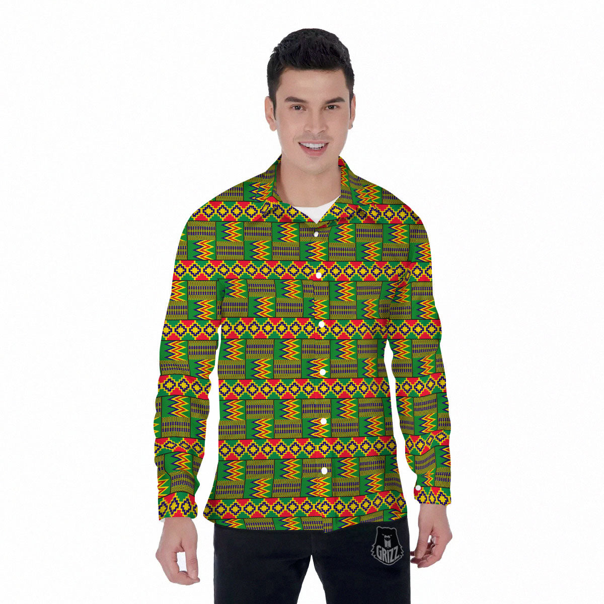 African Kente Print Pattern Men's Long Sleeve Shirts-grizzshop