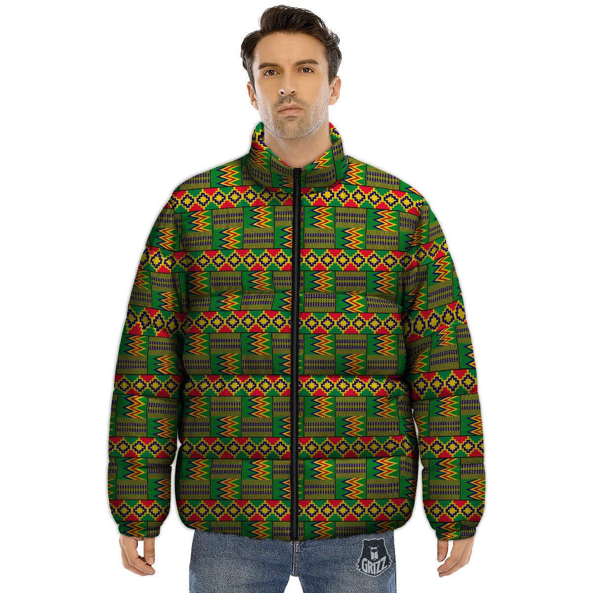 African Kente Print Pattern Puffer Jacket-grizzshop