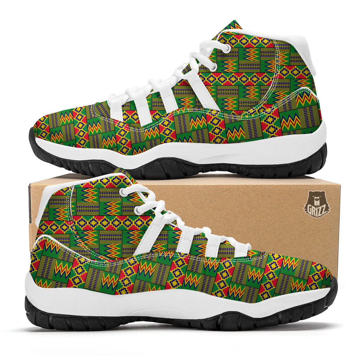 African Kente Print Pattern White Bball Shoes-grizzshop