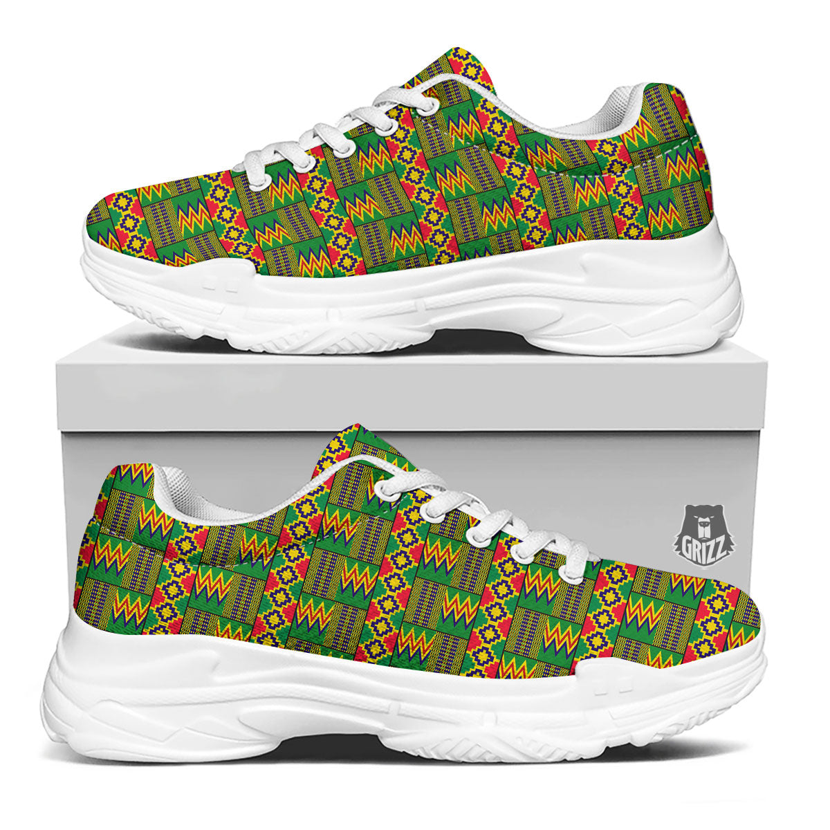 African Kente Print Pattern White Chunky Shoes-grizzshop