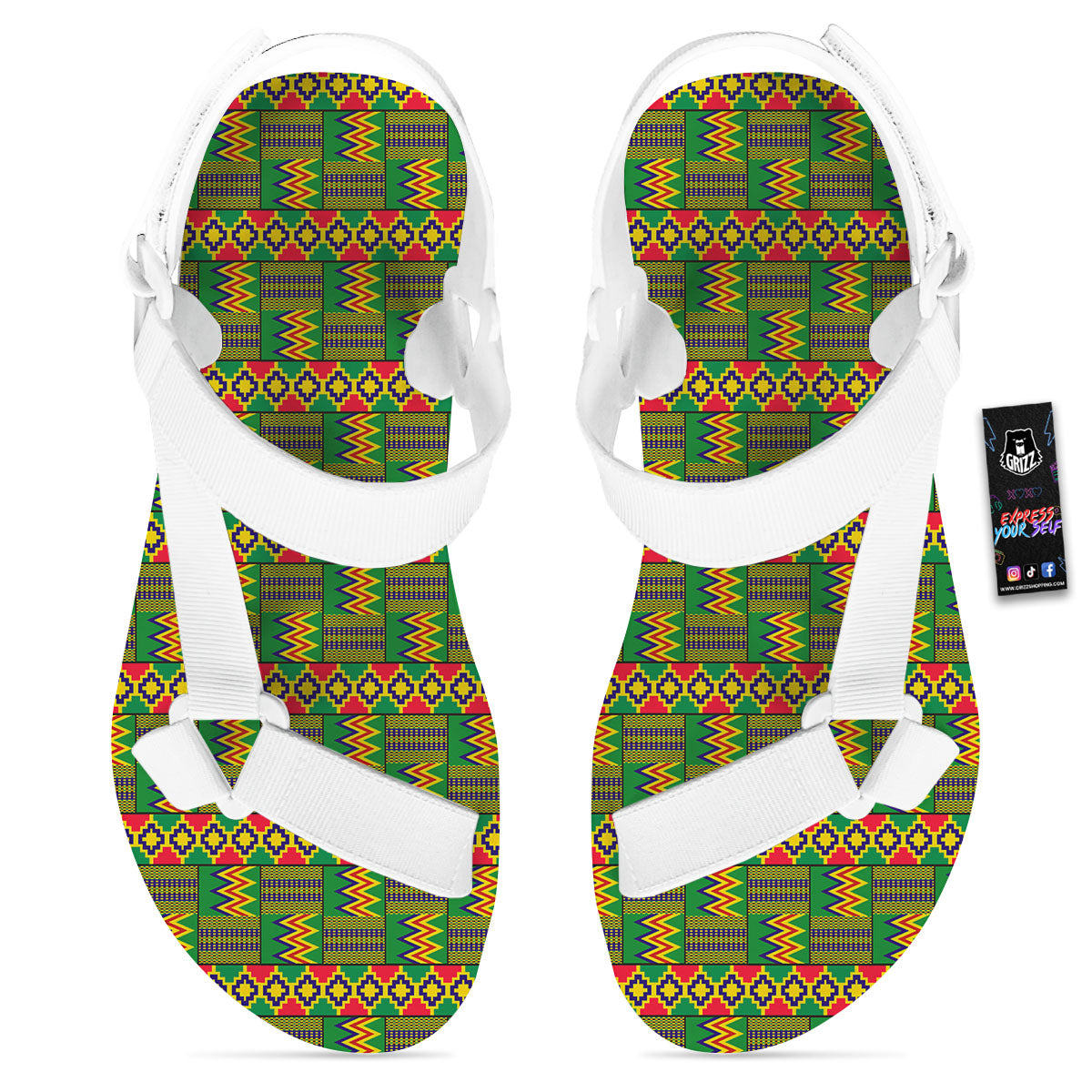 African Kente Print Pattern White Open Toe Sandals-grizzshop