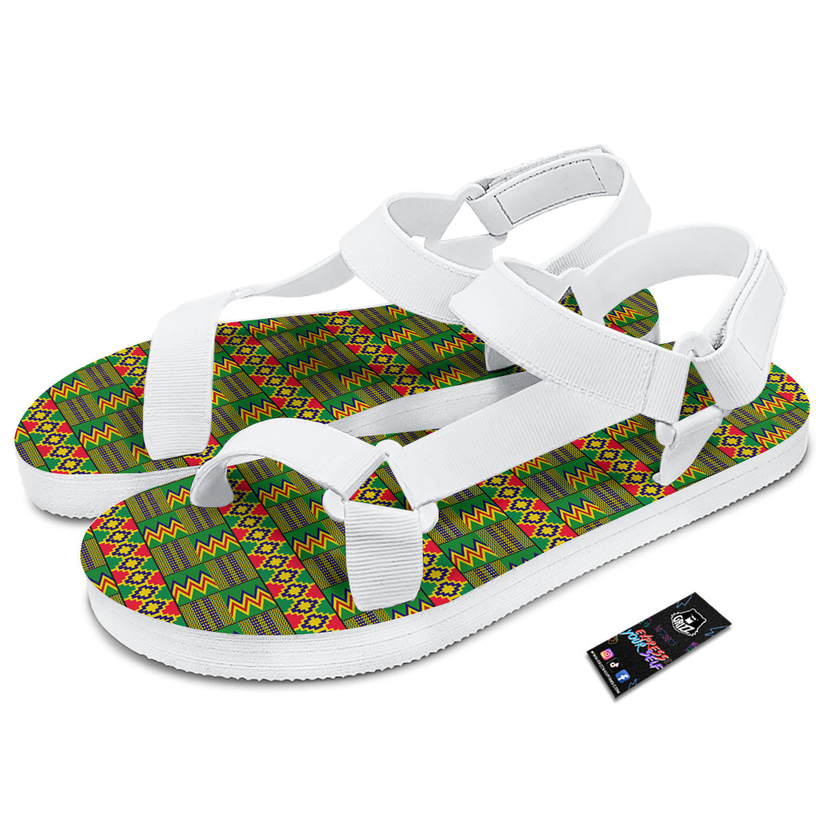 African Kente Print Pattern White Open Toe Sandals-grizzshop