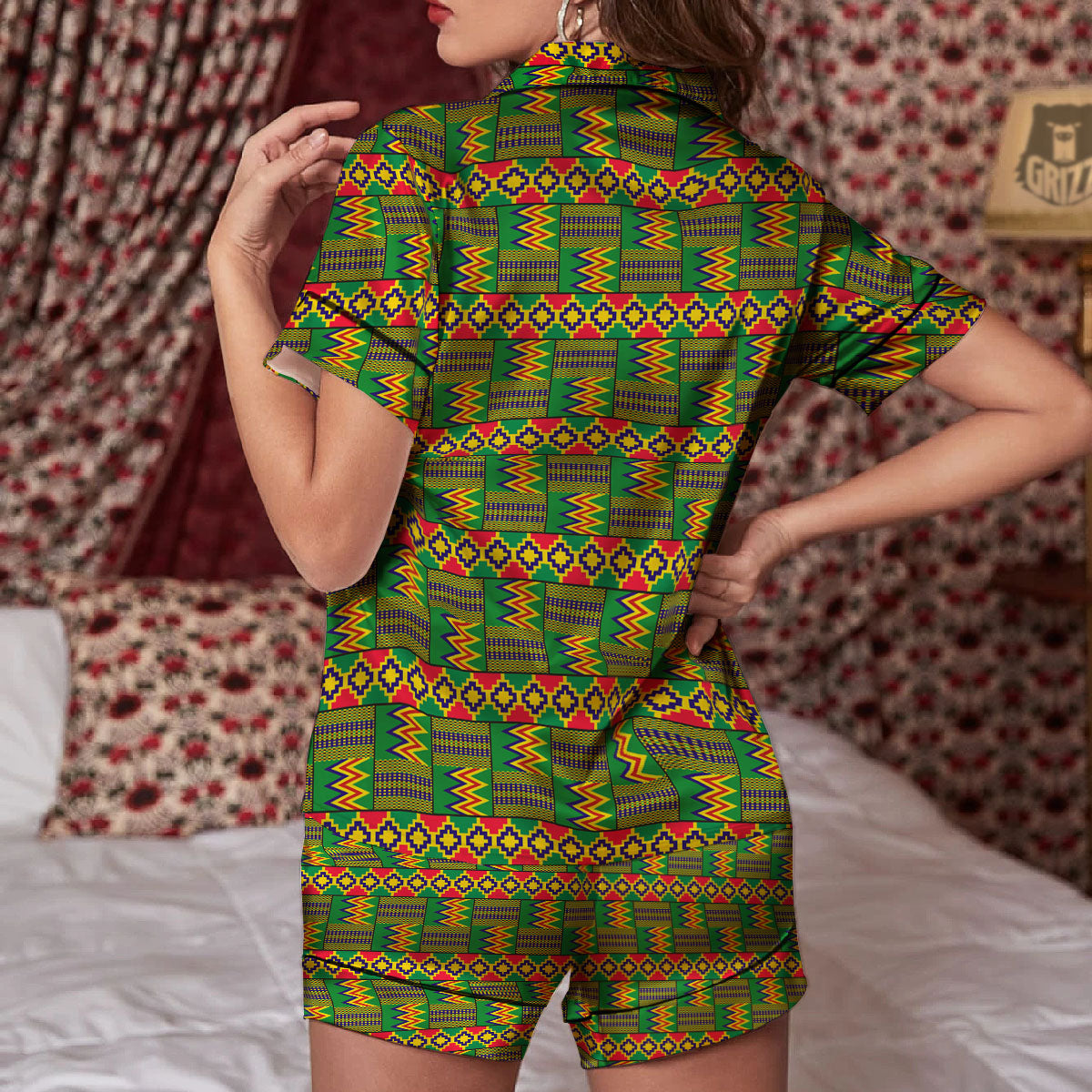African Kente Print Pattern Women Silk Pajamas-grizzshop