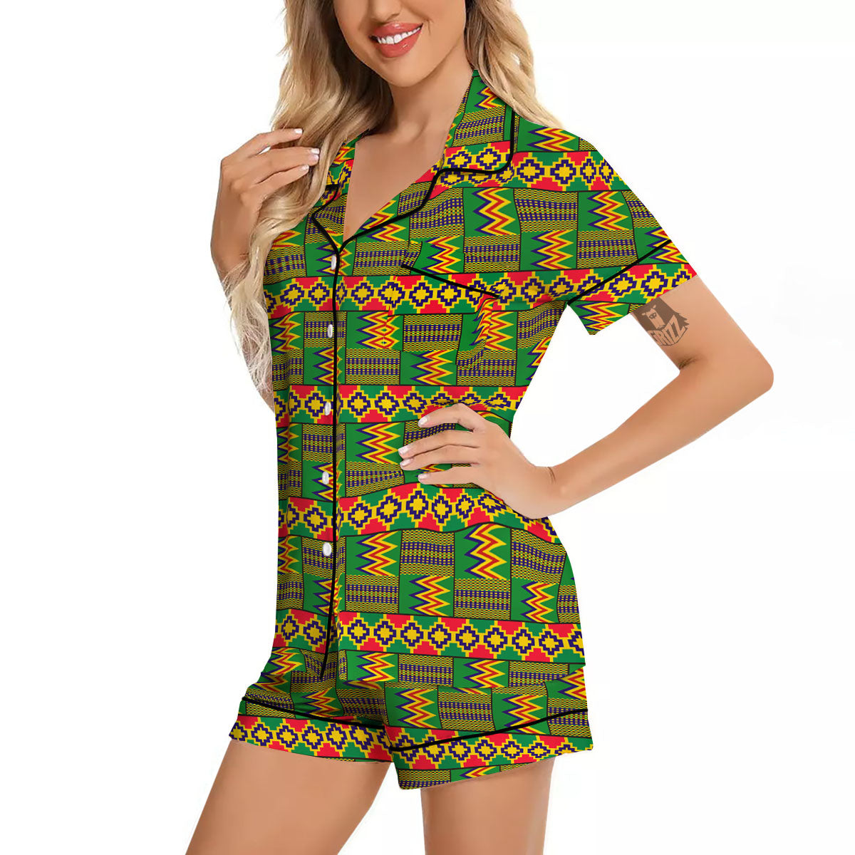 African Kente Print Pattern Women Silk Pajamas-grizzshop