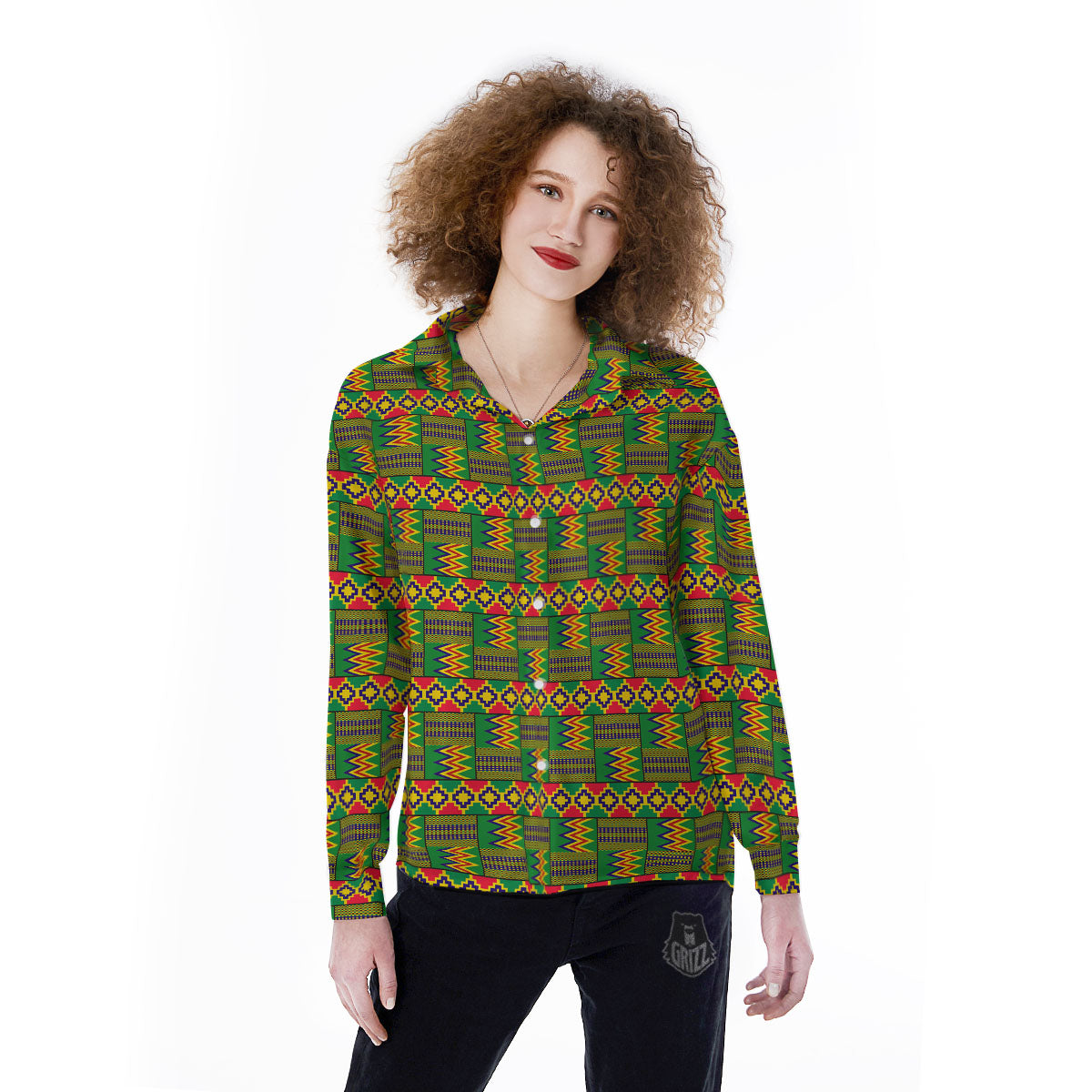 African Kente Print Pattern Women's Long Sleeve Shirts-grizzshop