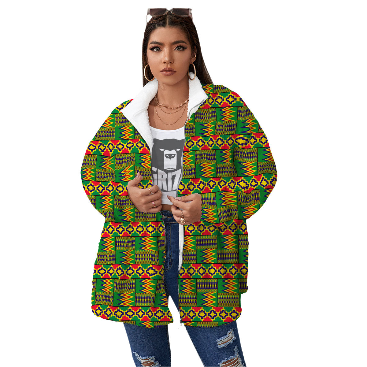 African Kente Print Pattern Women's Sherpa Jacket-grizzshop