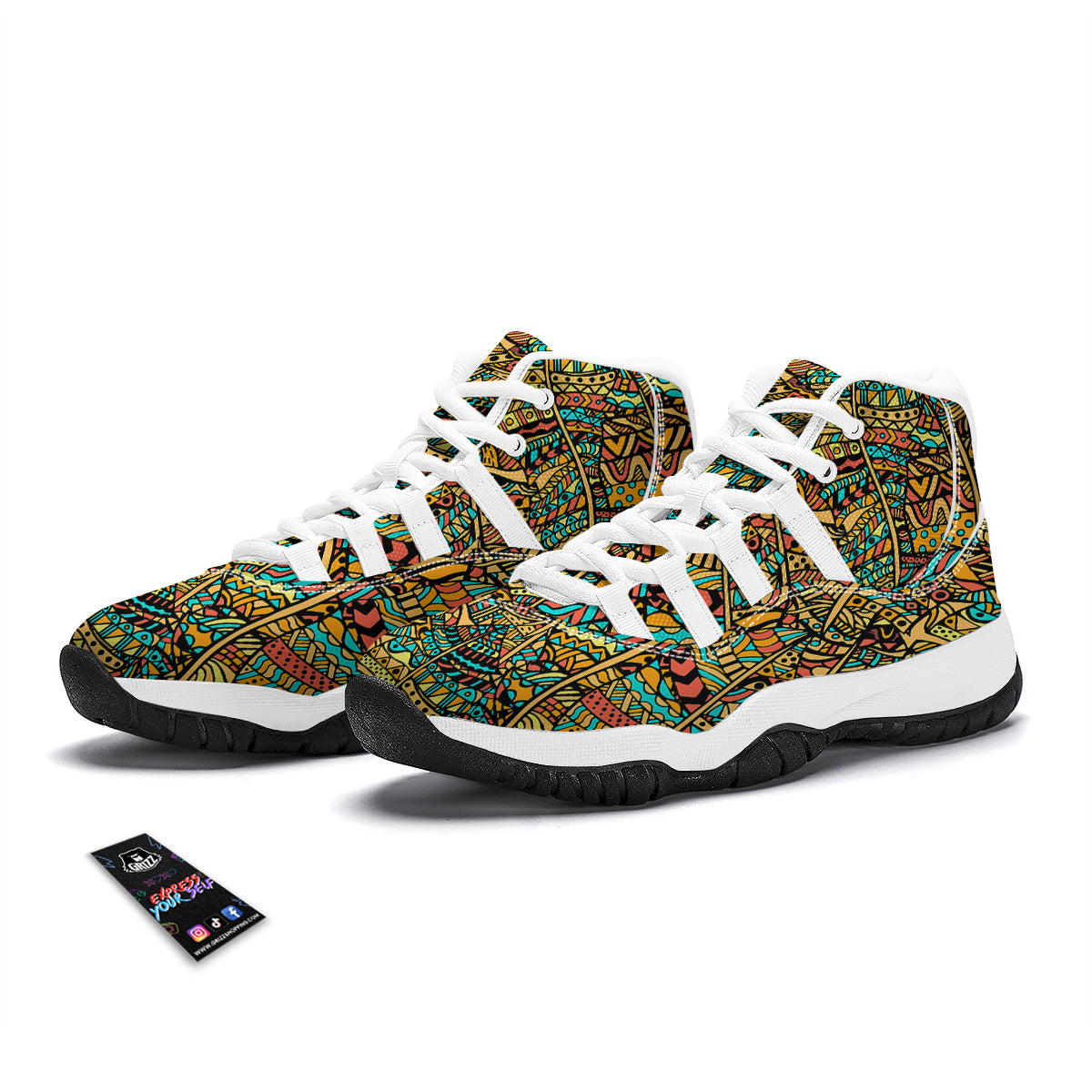 African Pattern Print White Bball Shoes-grizzshop