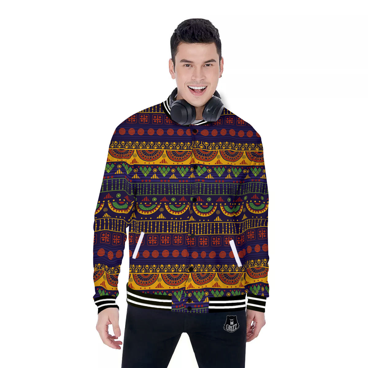 African Tribal Native Print Pattern Baseball Jacket-grizzshop