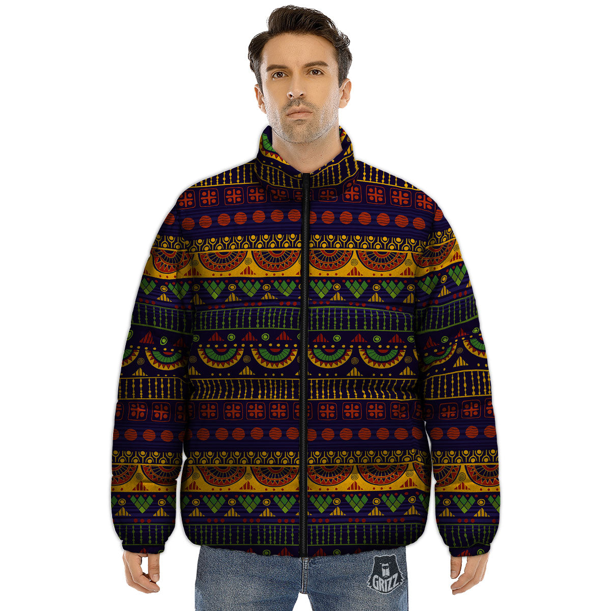 African Tribal Native Print Pattern Puffer Jacket-grizzshop
