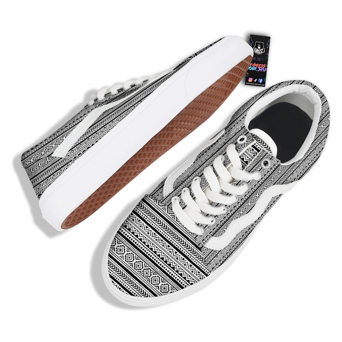 African Tribal White And Black Print Skate Shoes-grizzshop