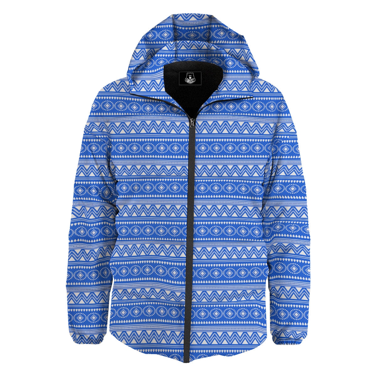 African White And Blue Print Pattern Down Jacket-grizzshop