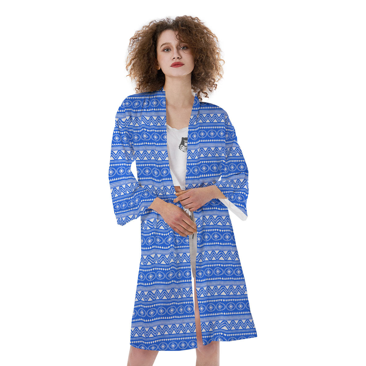 African White And Blue Print Pattern Kimono-grizzshop