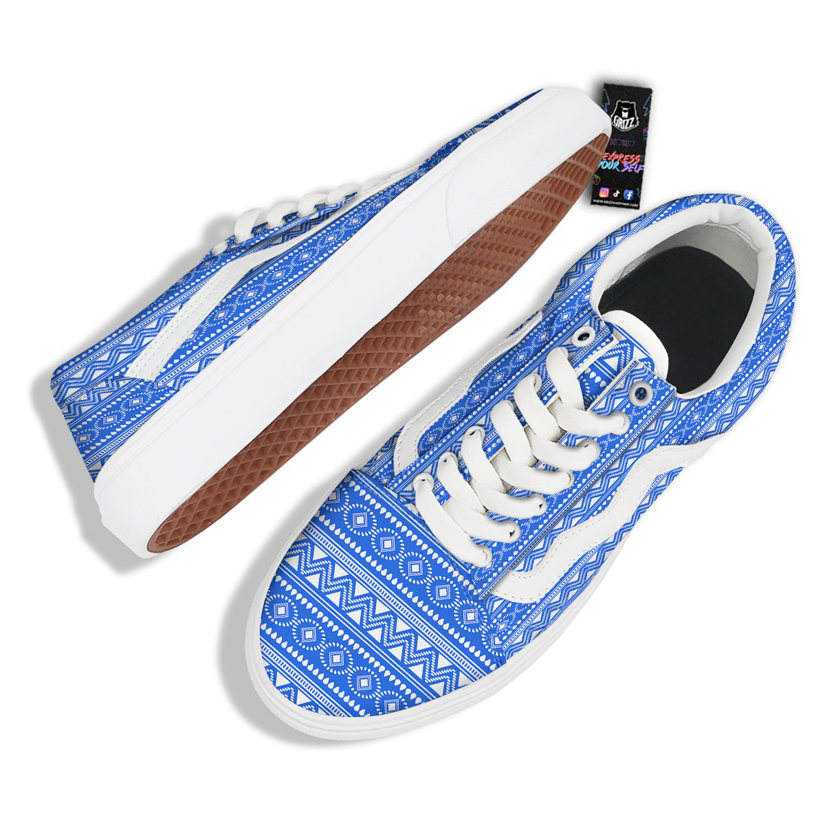 African White And Blue Print Pattern Skate Shoes-grizzshop