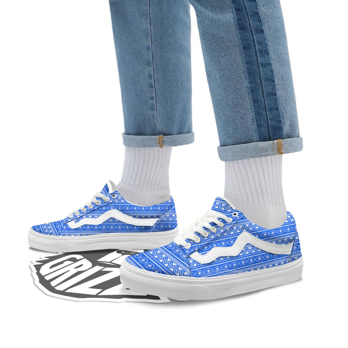 African White And Blue Print Pattern Skate Shoes-grizzshop