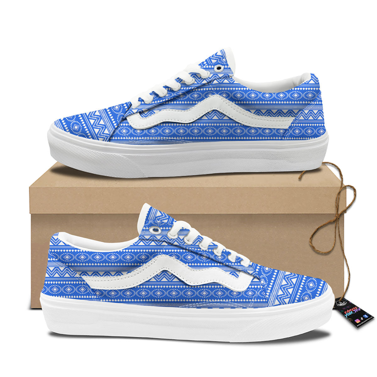 African White And Blue Print Pattern Skate Shoes-grizzshop