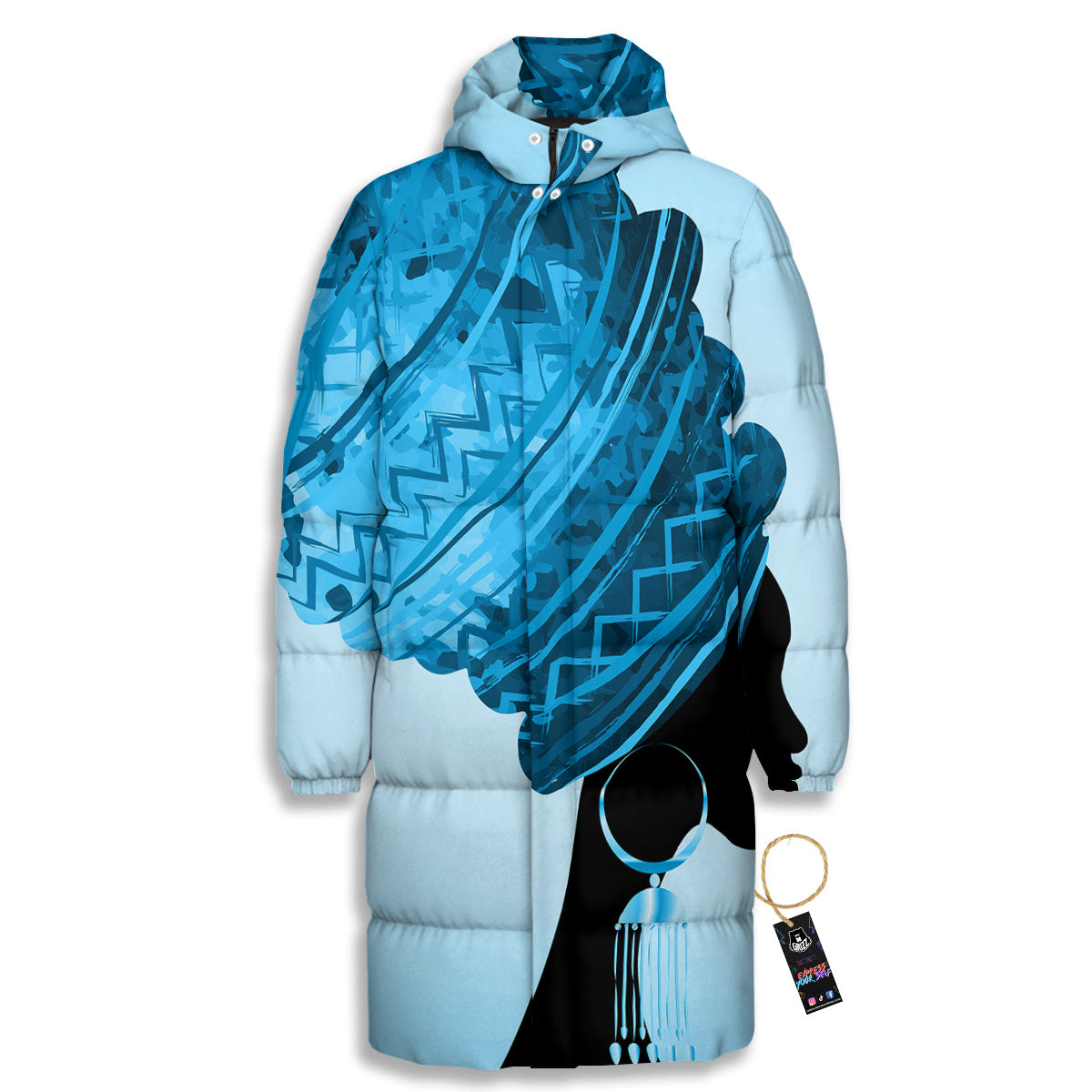 African Dashiki Black And Blue Print Long Down Jacket