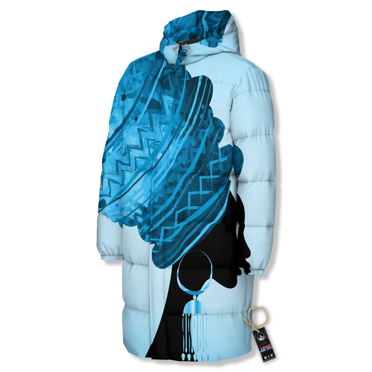 African Dashiki Black And Blue Print Long Down Jacket
