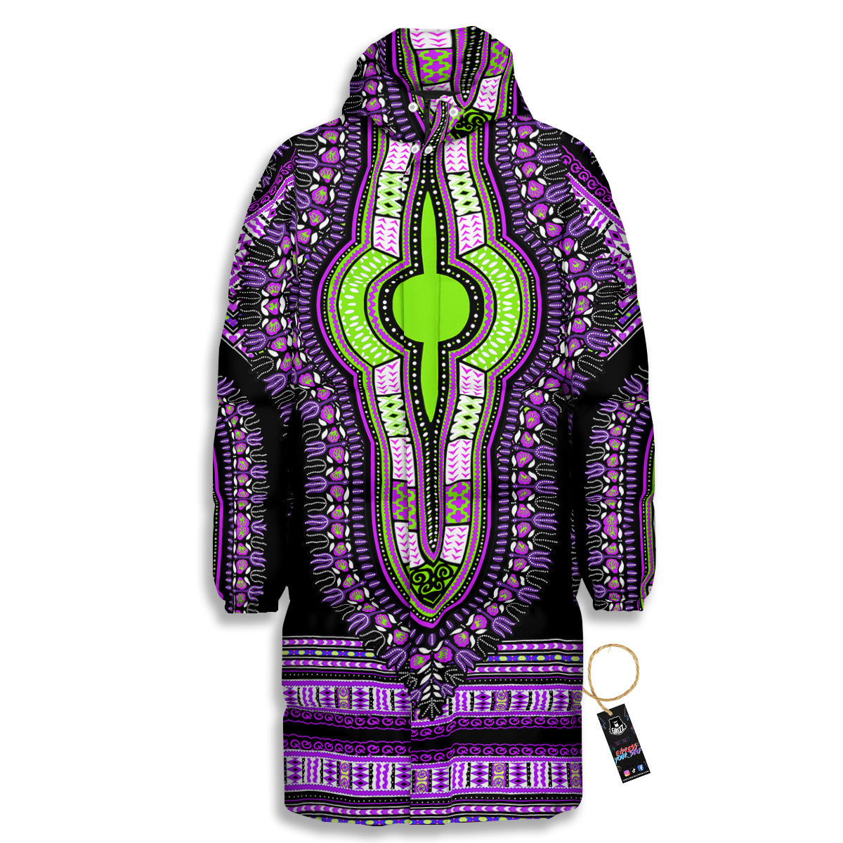 African Dashiki Purple And Black Print Long Down Jacket
