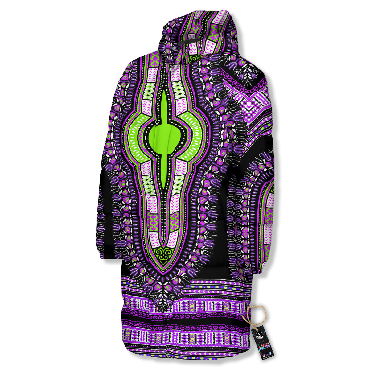 African Dashiki Purple And Black Print Long Down Jacket