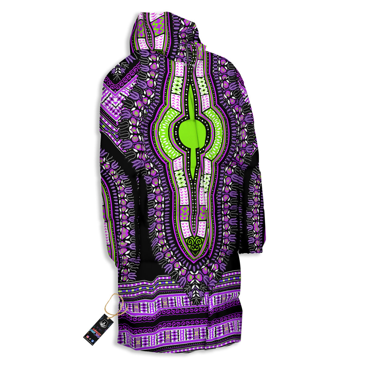 African Dashiki Purple And Black Print Long Down Jacket