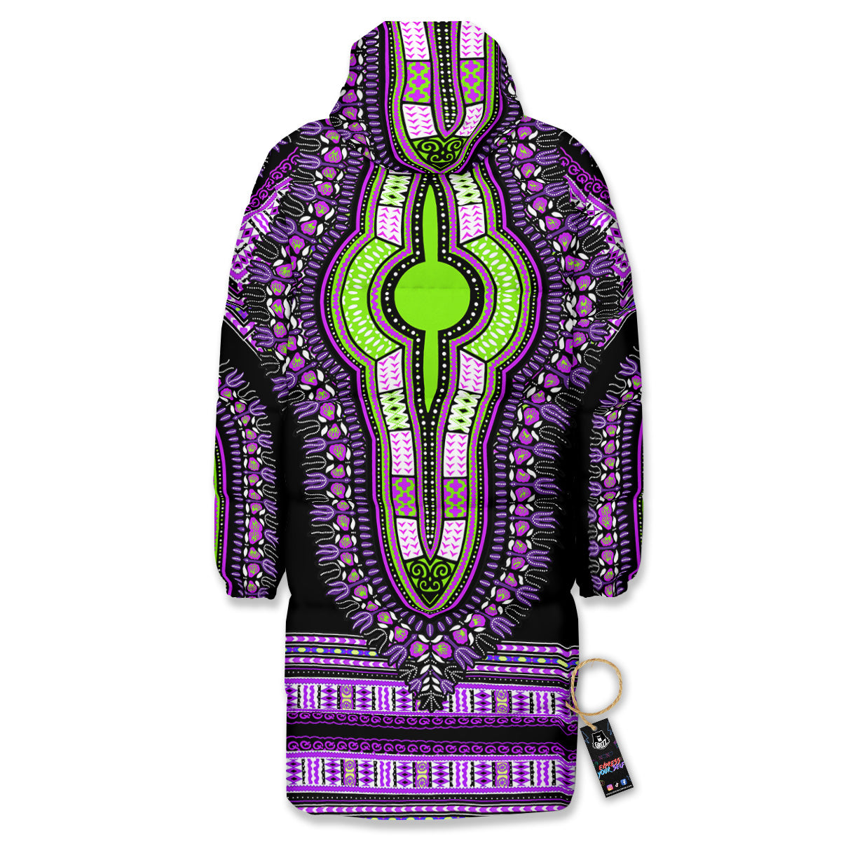African Dashiki Purple And Black Print Long Down Jacket
