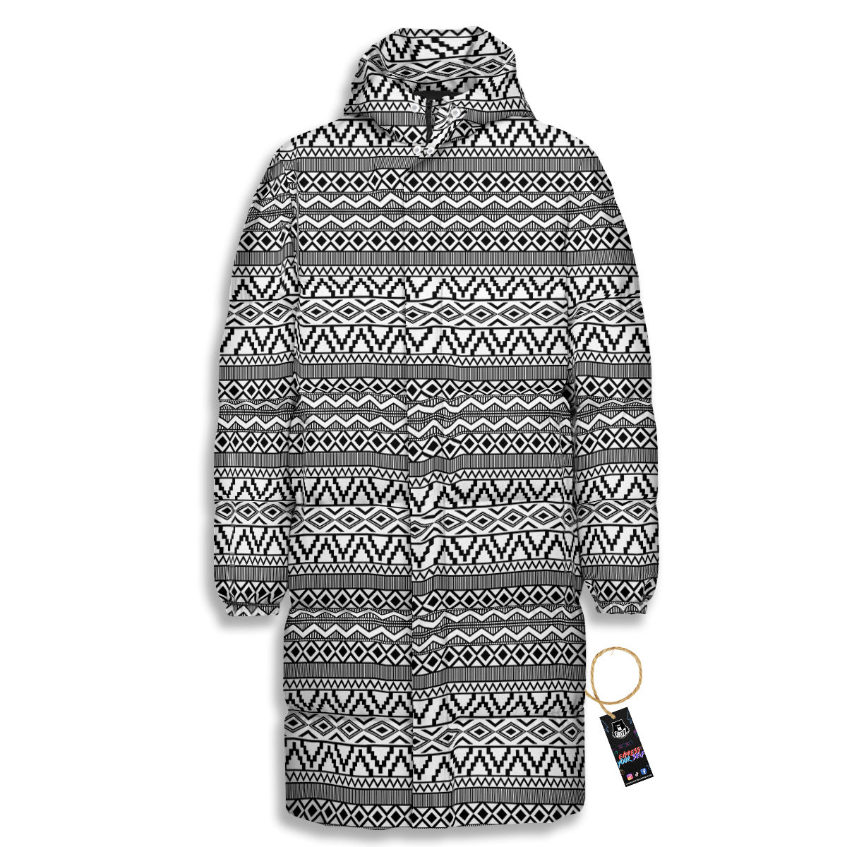 African Ethnic White And Black Print Long Down Jacket