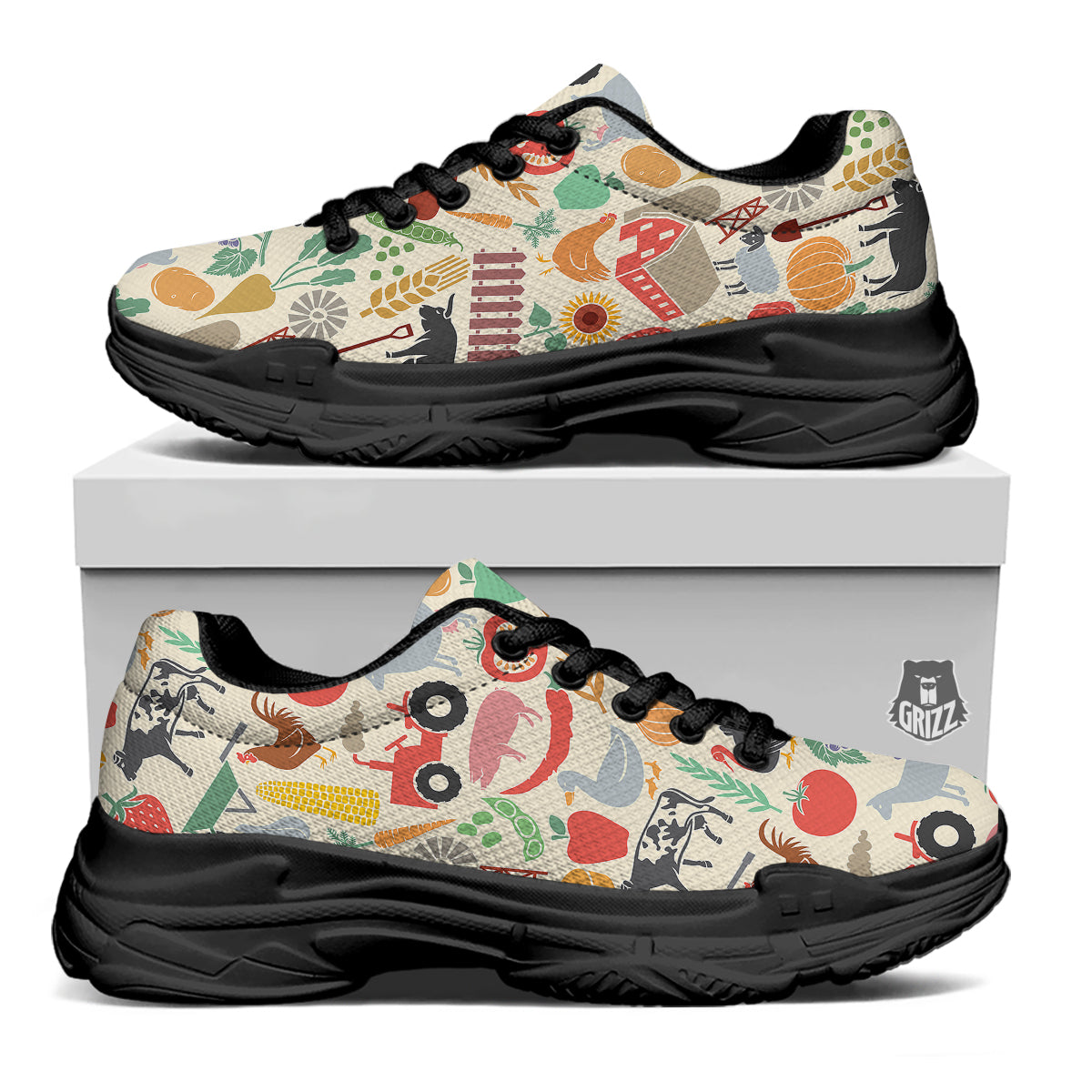 Agriculture Farming Colorful Print Pattern Black Chunky Shoes-grizzshop