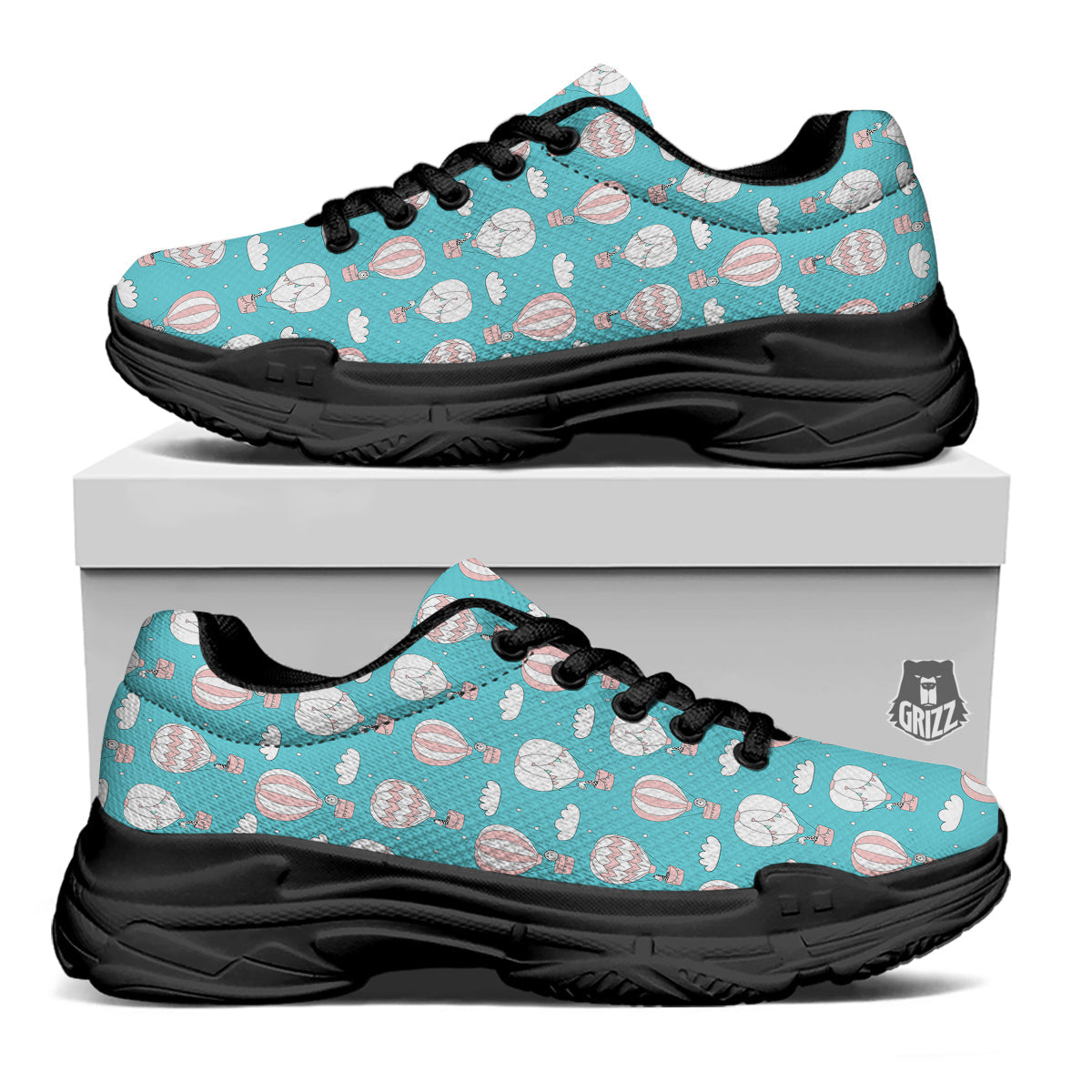 Air Balloon Cartoon Print Pattern Black Chunky Shoes-grizzshop