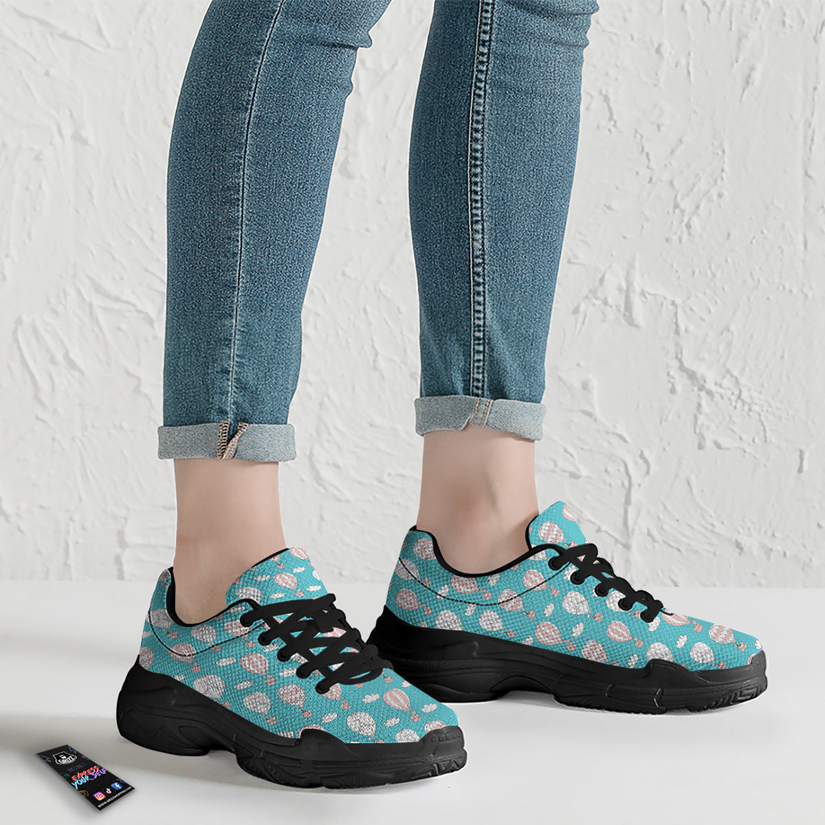 Air Balloon Cartoon Print Pattern Black Chunky Shoes-grizzshop