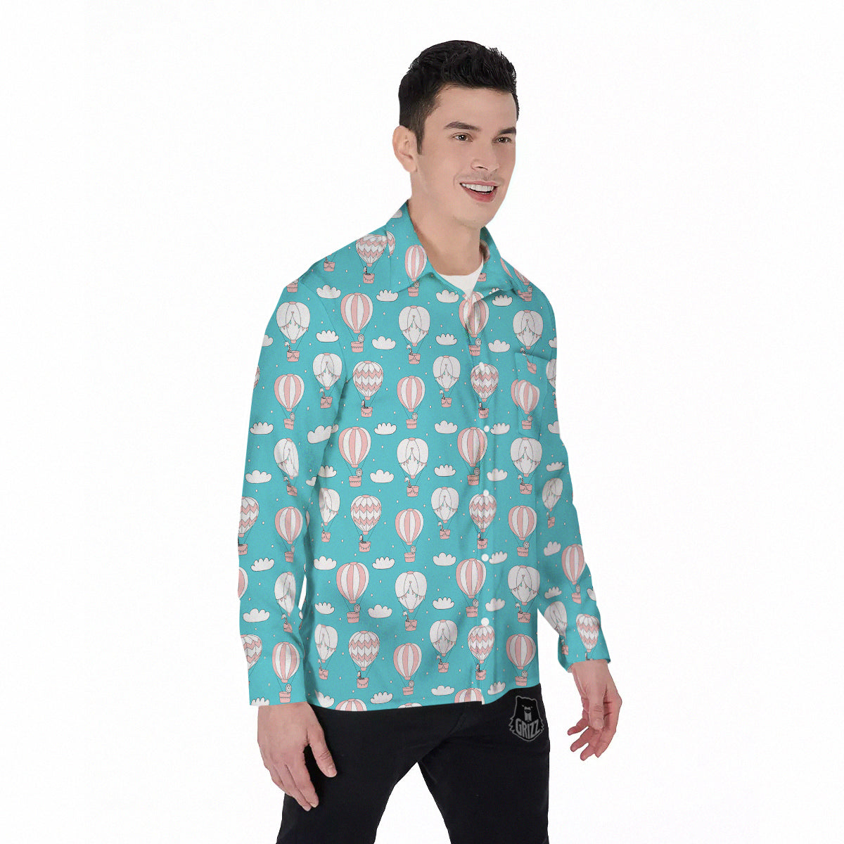 Air Balloon Cartoon Print Pattern Men's Long Sleeve Shirts-grizzshop