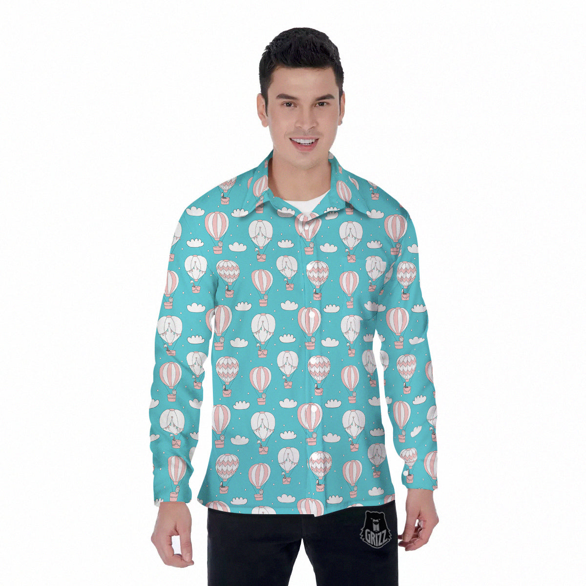 Air Balloon Cartoon Print Pattern Men's Long Sleeve Shirts-grizzshop