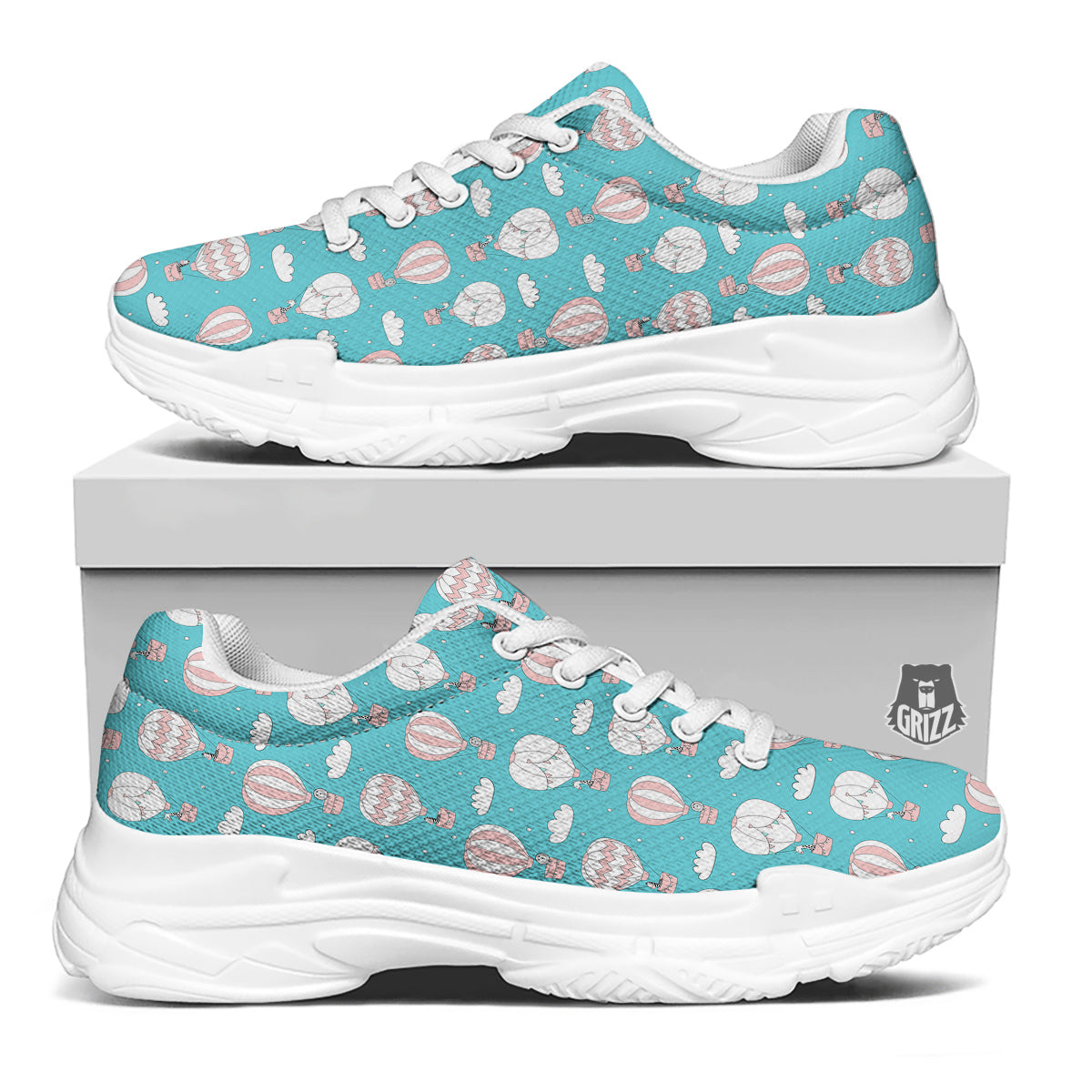 Air Balloon Cartoon Print Pattern White Chunky Shoes-grizzshop