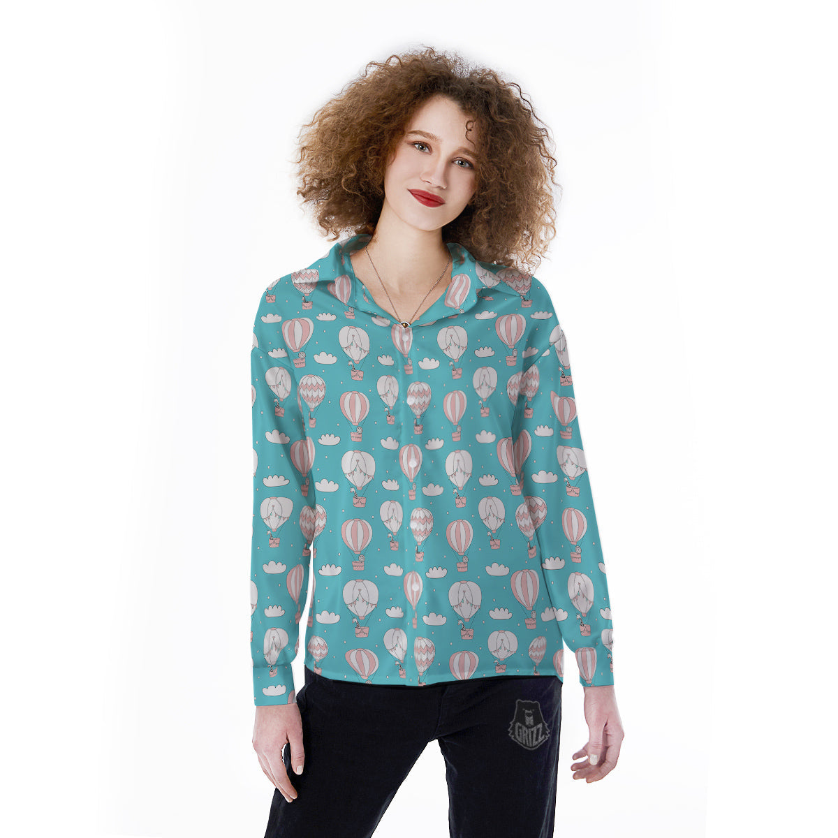 Air Balloon Cartoon Print Pattern Women's Long Sleeve Shirts-grizzshop