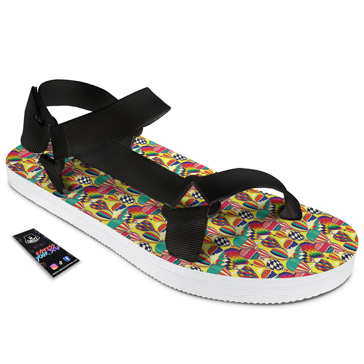 Air Balloon Colorful Print Pattern Black Open Toe Sandals-grizzshop