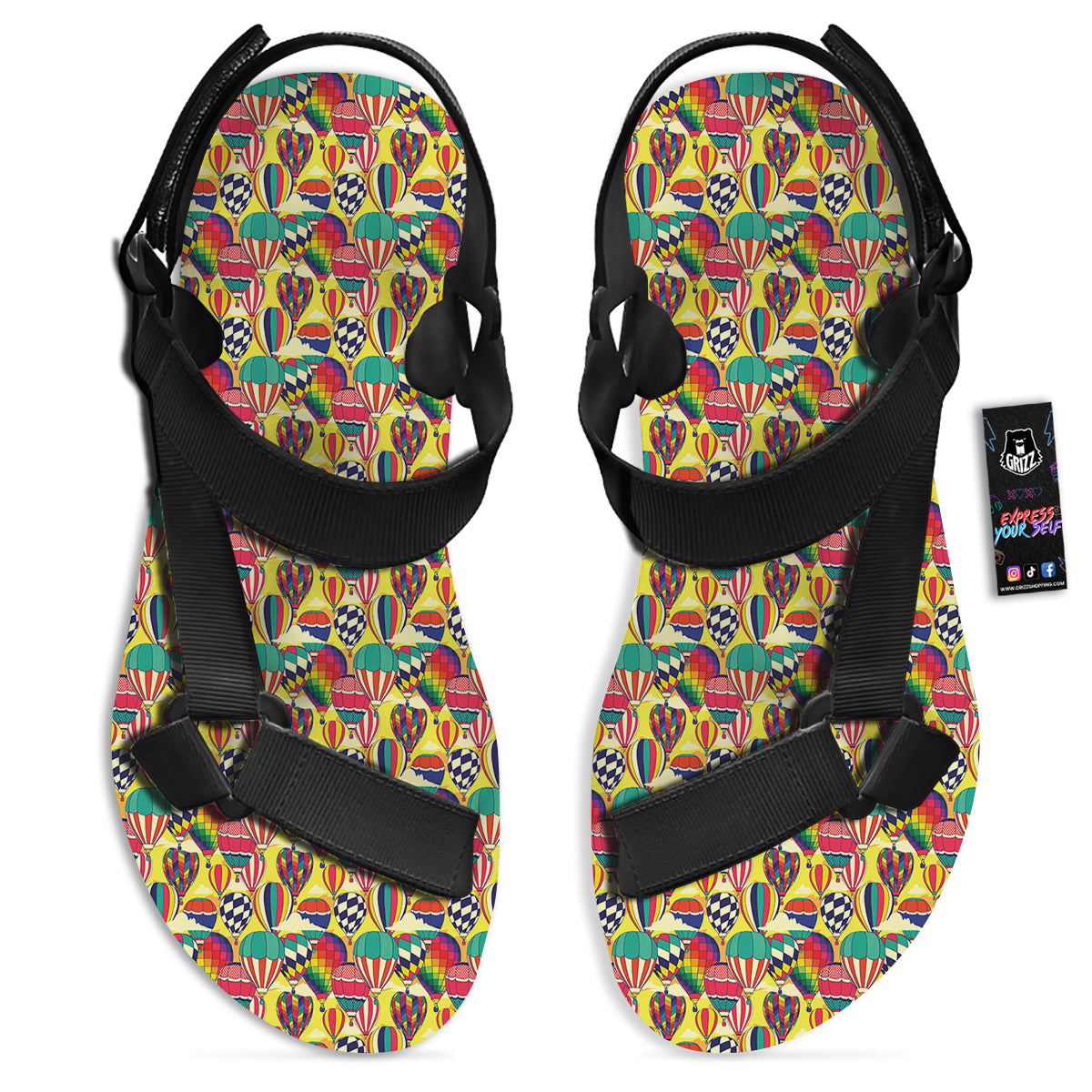 Air Balloon Colorful Print Pattern Black Open Toe Sandals-grizzshop