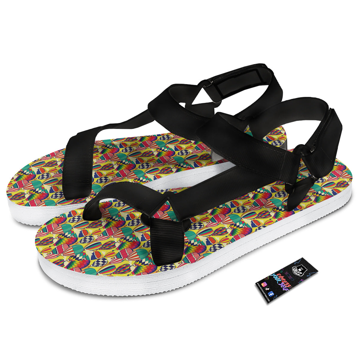 Air Balloon Colorful Print Pattern Black Open Toe Sandals-grizzshop