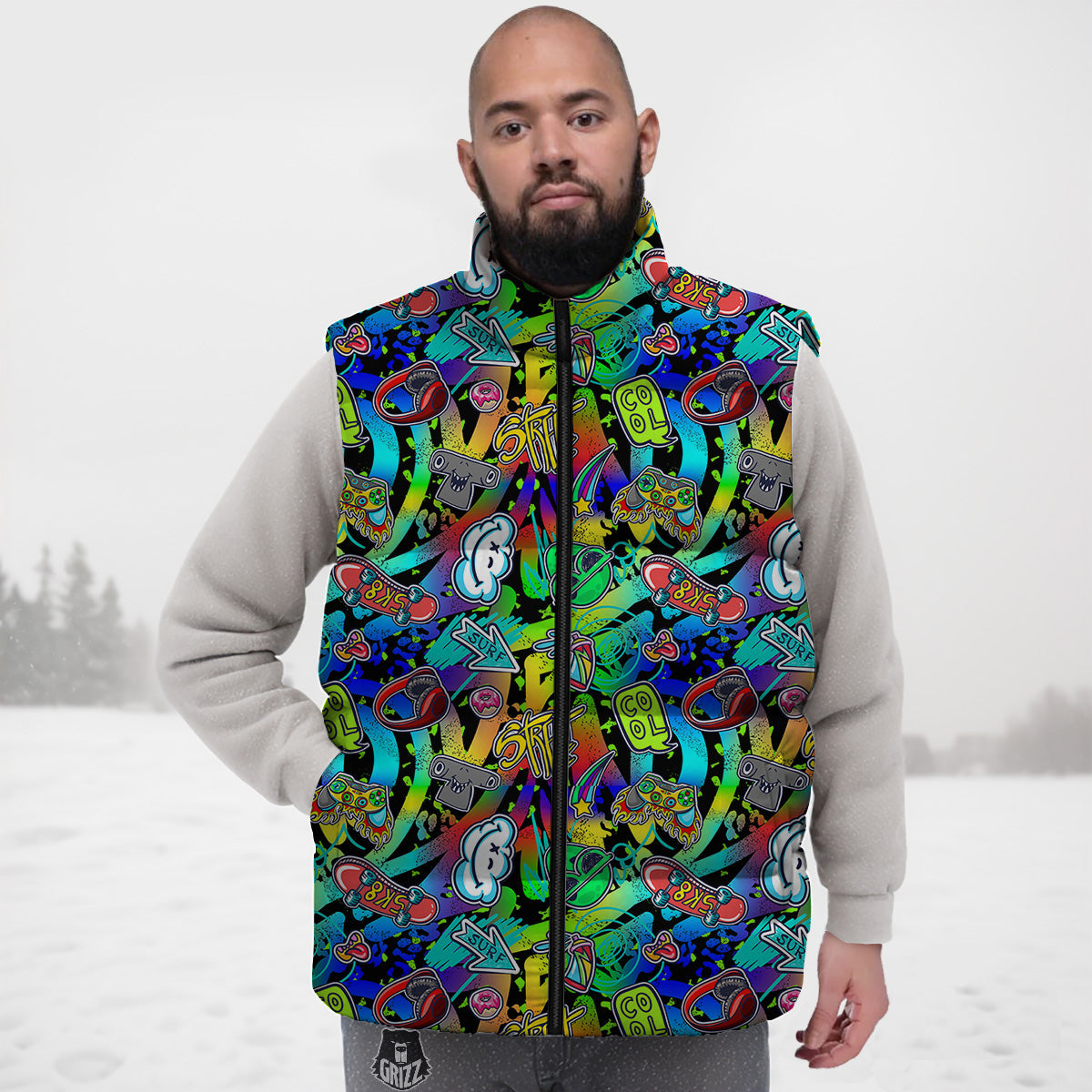Airplane Pattern Print Down Vest-grizzshop